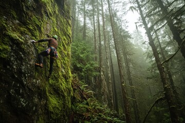 Fototapeta premium A climber ascends a moss-covered rock face in a misty forest.