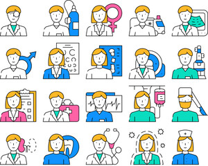 Medical Speciality Health Treat Icons Set Vector. Dentist And Oculist, Immunologist And Therapist, Gynecologist And Urologist Doctor Hospital Medical Speciality color Contour Illustrations