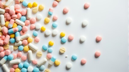 Diverse Array of Pills and Capsules Scattered in a Random Pattern, Pills Vary in Shape and Size on a Solid color Background