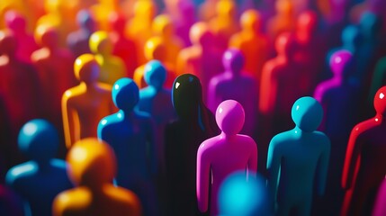 Colorful toy figurines representing a crowd. Abstract representation of diversity and community