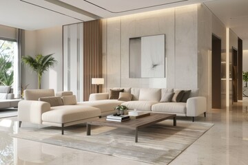 Modern living room design, sophisticated furnishings, open space layout, stylish decor, contemporary color palette, inviting atmosphere, seamless integration of comfort and elegance