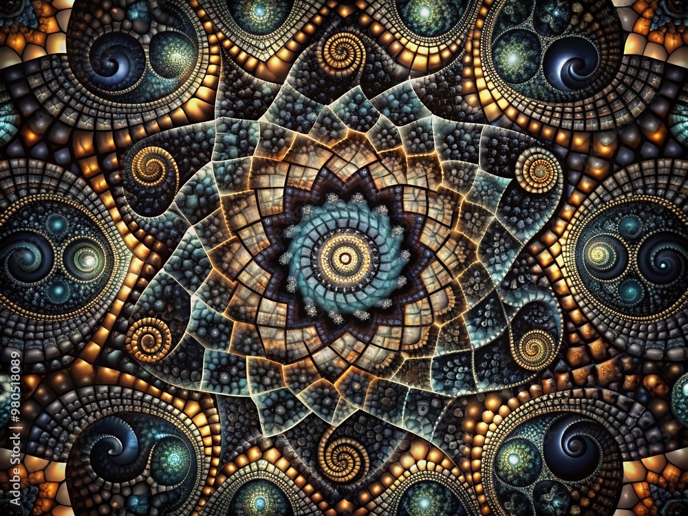 Poster vibrant black rock mosaic pattern with intricate swirling shapes and geometric forms, generated usin
