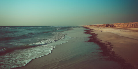Obraz premium Serene Coastal Beach with Gentle Waves and Sandy Shoreline at Sunset
