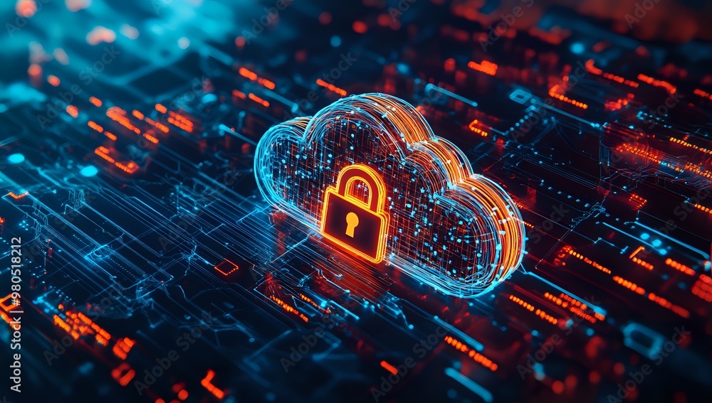 Poster abstract digital cloud with padlock on a circuit board background.