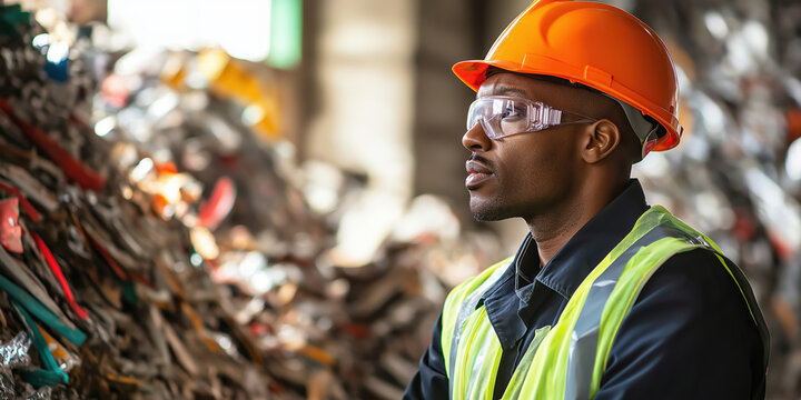 Worker in a recycling facility wearing safety gear and helmet