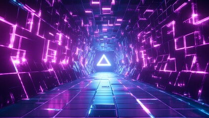 Fototapeta premium A futuristic, geometric abstract background with neon lights tunnel in shades of purple and blue. 