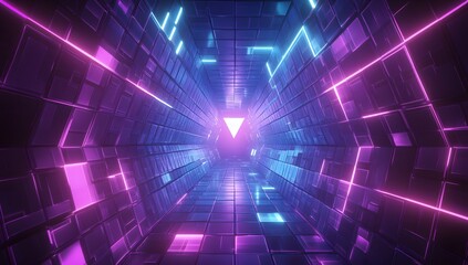 A futuristic, geometric abstract background with neon lights tunnel in shades of purple and blue. 