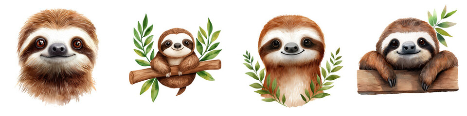 Obraz premium Cute cartoon sloths with leaves, sitting in various poses. Ideal for nature, wildlife, and animal-themed stock photo collections.