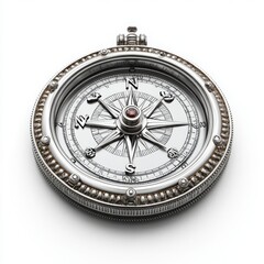Antique Silver Compass with Red Gemstone:  A vintage-inspired compass with intricate details, featuring a polished silver finish, a delicate bezel, and a captivating red gemstone at its center.  The c