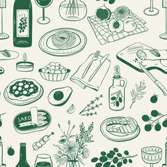 Mediterranean Cuisine Seamless Pattern. Hand Drawn Food Background.