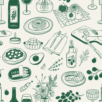 Mediterranean Cuisine Seamless Pattern. Hand Drawn Food Background.