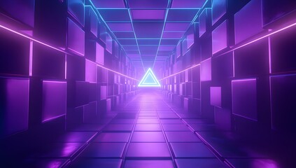 Fototapeta premium A futuristic, geometric abstract background with neon lights tunnel in shades of purple and blue. 