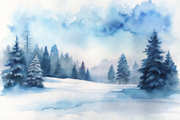 A painting of a snowy forest with trees and a blue sky