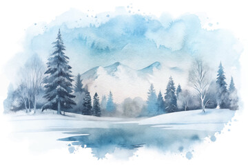 A painting of a snowy landscape with a tree in the foreground