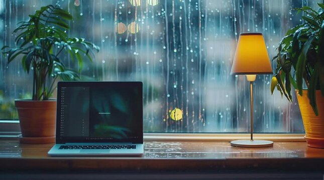 Cozy laptop and lamp on table by rainy window, creating a peaceful and introspective workspace atmosphere.
 Seamless looping 4k time-lapse virtual video animation Generated AI