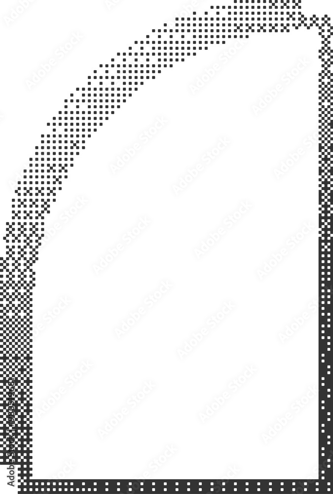Poster pixel pattern frame. bitmap arch window. noisy arcade game gradient arc. dotted dither graphic eleme