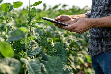 Agronomist using a digital tablet to assess soybean crops, integrating technology into agriculture.