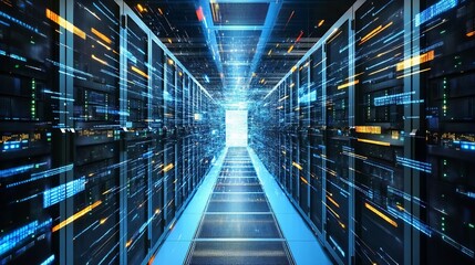 Data Center Storage with Blue and Orange Information Flow, Cloud Computing, Cybersecurity