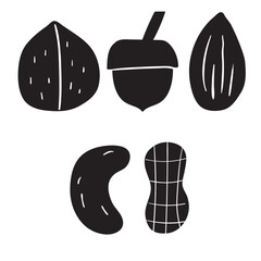 Set of nuts. Silhouettes. Hand drawn design. Black color. Illustration on white background.