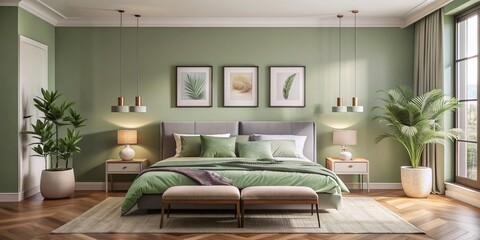 Soft sage green walls serve as a serene backdrop for a stylish minimalist bedroom, featuring a modern set of two frame wall art pieces above a plush bed.