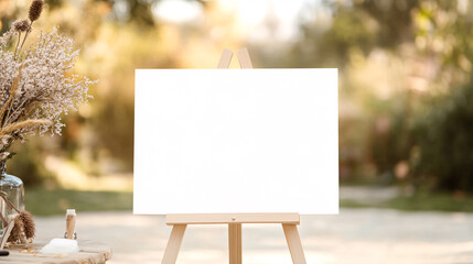 A mockup of an empty, blank wedding welcome sign measuring 36 x 24 inches, elegantly placed on an easel outdoors. The background features an airy and light wedding scene, with soft neutral tones of