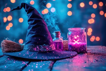 Magical witch's hat and potion jars with glowing lights, Halloween concept