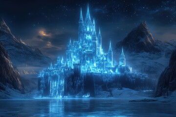 A castle made of ice and snow is lit up in the night sky