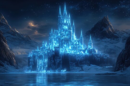 A castle made of ice and snow is lit up in the night sky