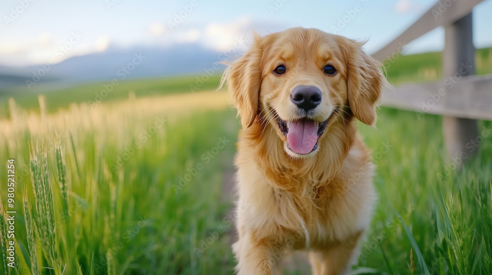 Sticker A dog walking on a grassy field with the sun shining, AI