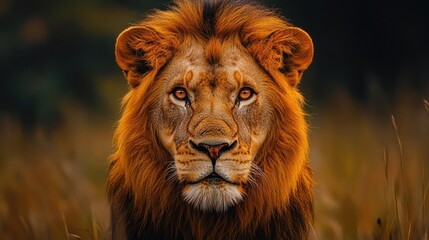 Obraz premium Powerful male lion staring with intense eyes in the african savanna