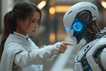 Fototapeta premium Human woman gently touching a robotic skull symbolizing the interaction between human emotion and AI exploring the boundaries of robotic consciousness and synthetic intelligence