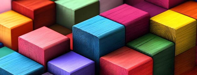 Obraz premium Spectrum of stacked multi-colored wooden blocks. Background or cover for something creative, diverse, expanding, rising or growing. Shallow depth of field.