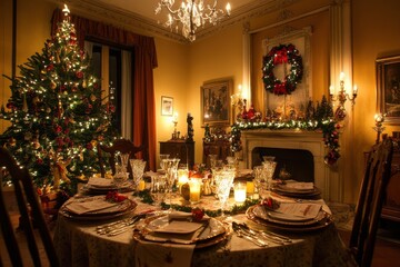 Warm Italian dining room on Christmas Eve featuring a beautifully decorated tree and elegant table settings near a cozy fireplace