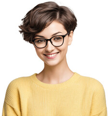 Obraz premium portrait of a smiling woman with short hair wearing glasses in yellow sweater isolated on transparent background