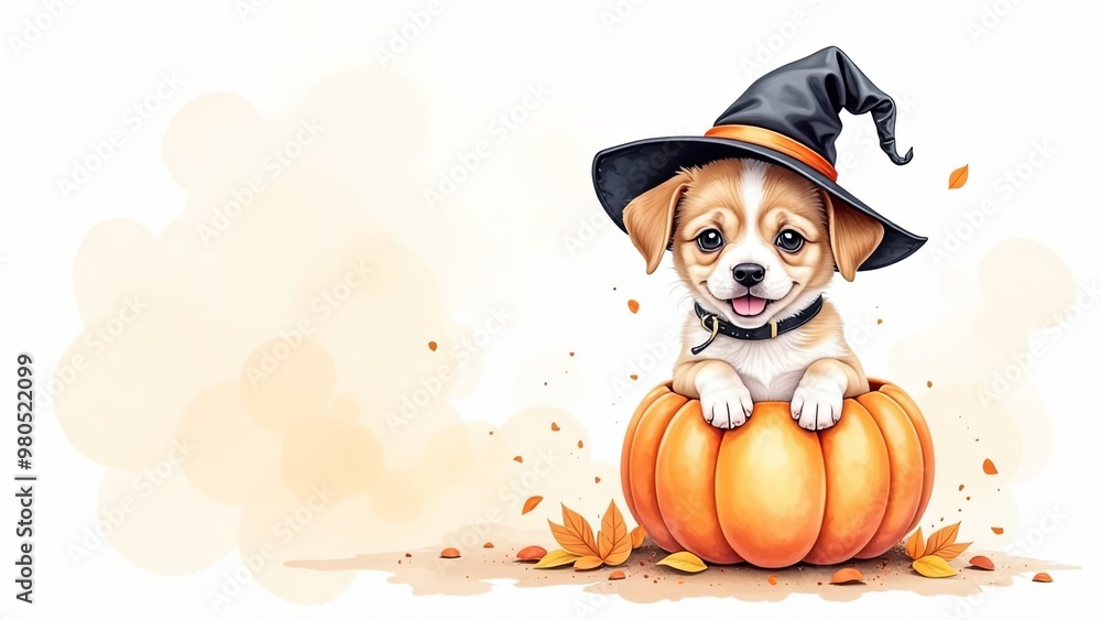 Wall mural halloween background with puppy coming out of a pumpkin. Cartoon cute puppy in a witch hat for Halloween, watercolor illustration on white background. idea for greeting card or kid t-shirt