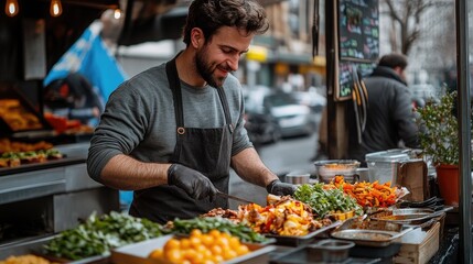 Smiling food truck employee preparing chicken and vegetables for customer order