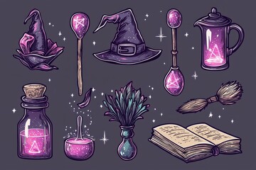 Magical witch's items and accessories in sketch style