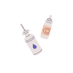 Bottle of eye drops. Pack of nasal spray. Containers with medical drugs. Plastic jars with remedy for nose, vision. Healthcare, medicaments. Flat isolated vector illustration on white background