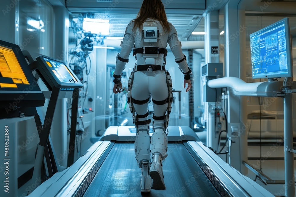 Poster Scientist walking in exoskeleton on treadmill in laboratory