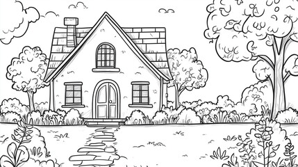 Obraz premium Simple line drawing of a house with a garden for coloring purposes .