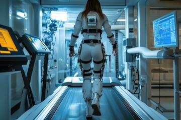 Scientist walking in exoskeleton on treadmill in laboratory