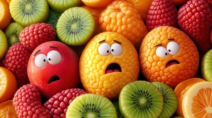 A bunch of fruit with faces and eyes made out of different fruits, AI