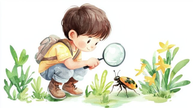 Naklejki A curious child examines a ladybug with a magnifying glass among vibrant flowers and greenery, exploring nature with wonder.