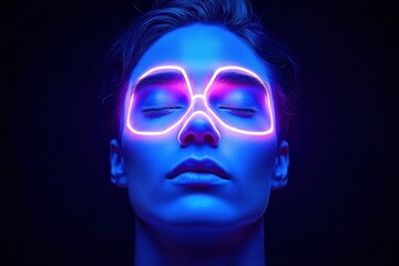 A serene portrait featuring a woman with glowing neon glasses, evoking a futuristic and vibrant aesthetic.