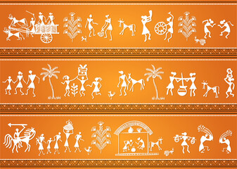 vector illustration of hand drawn Indian Tribal Painting or warli art design with border for print , textile , card or wallpaper.