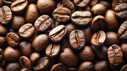 Fototapeta premium Close-Up of Roasted Coffee Beans with Rich Texture and Deep Brown Color, Perfect for Cafes, Coffee Shops, and Beverage-Related Marketing Materials