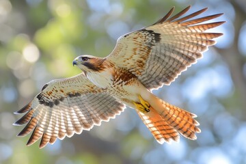 Fototapeta premium Red-tailed hawk flying with spread wings in nature