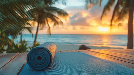 Yoga mat lying on a wooden deck overlooking a tropical beach at sunset