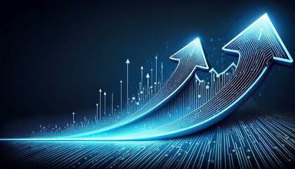 Fototapeta premium Illustration of a business arrow showing upward growth line and circuit technology on a dark blue background