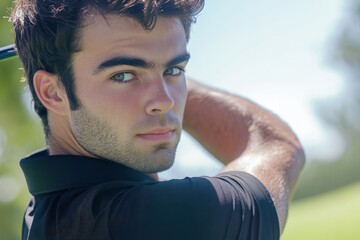 Confident young golfer focused and preparing to tee off under clear blue skies, showcasing determination and concentration on a bright, sunny day on the golf course.